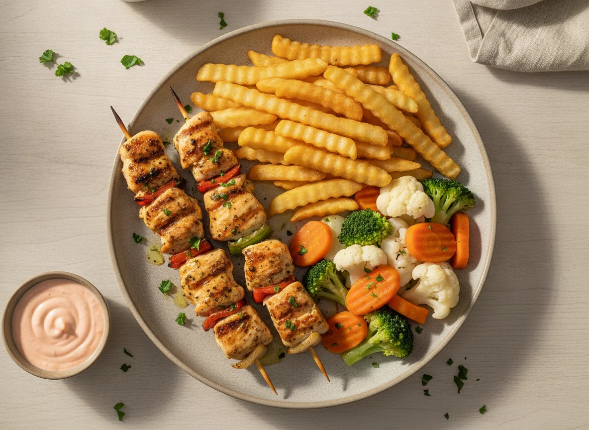 Brocheta de pollo con papas fritas y vegetales photo