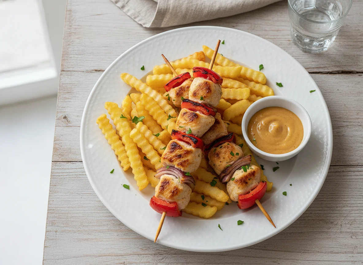 Brocheta de pollo con patatas fritas y salsa photo