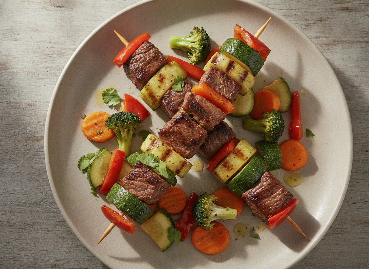 Brocheta de res con nopales y verduras salteadas photo