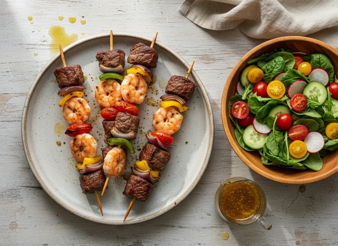 Brochetas de camarones y carne con vegetales asados y ensalada photo