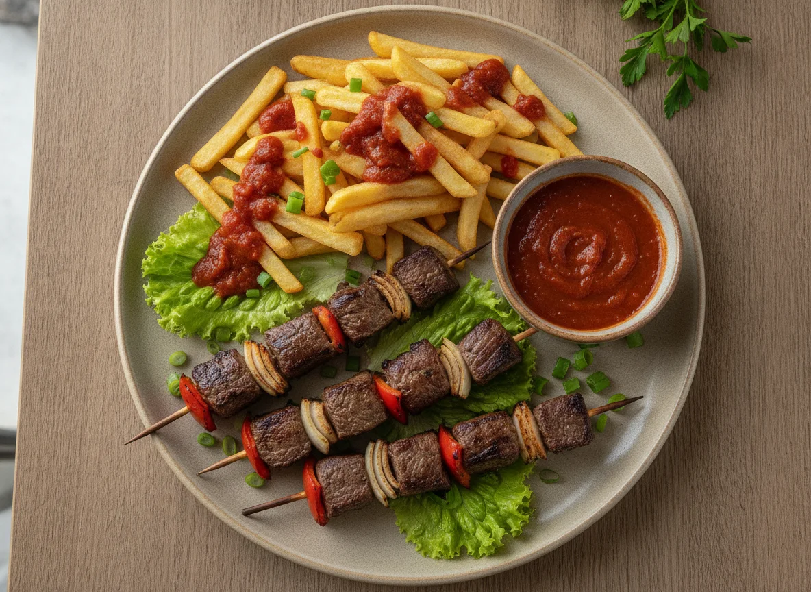 Brochetas de carne con papas fritas y salsa roja photo
