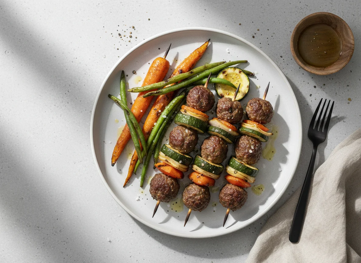 Brochetas de carne molida con vegetales asados photo