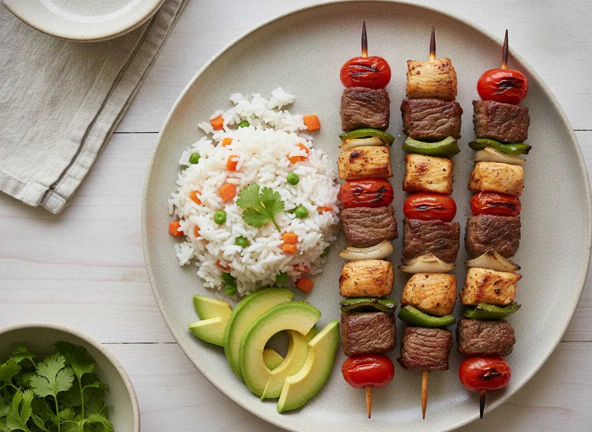 Brochetas de carne y pollo con arroz y aguacate photo