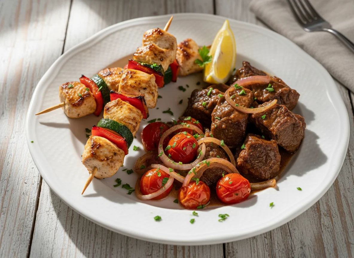Brochetas de pollo con carne estofada y verduras salteadas photo