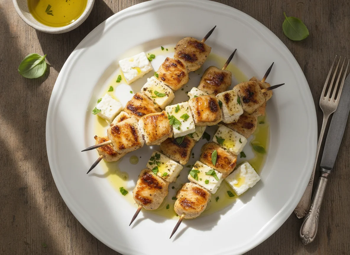 Brochetas de pollo con queso fresco y aceite de oliva photo