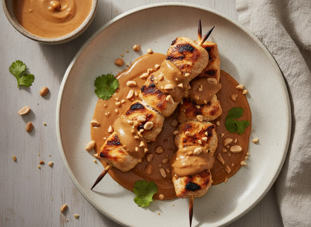 Brochetas de pollo con salsa de maní photo