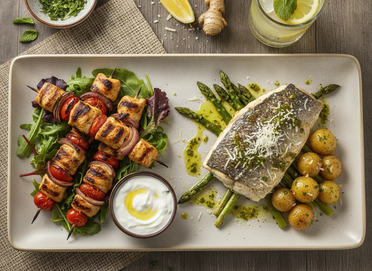 Brochetas de pollo con verduras a la parrilla y lubina con espárragos photo