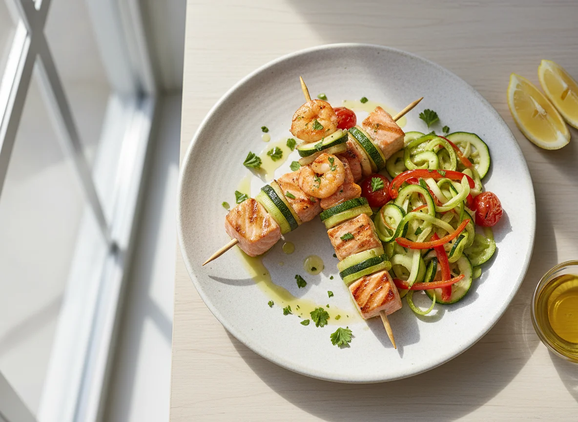 Brochetas de salmón y gambas con verduras salteadas photo