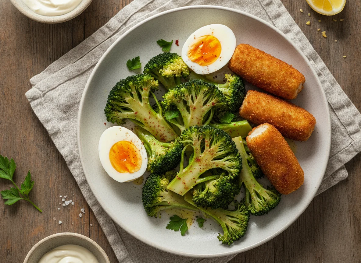 Brócoli con huevos cocidos y croquetas photo