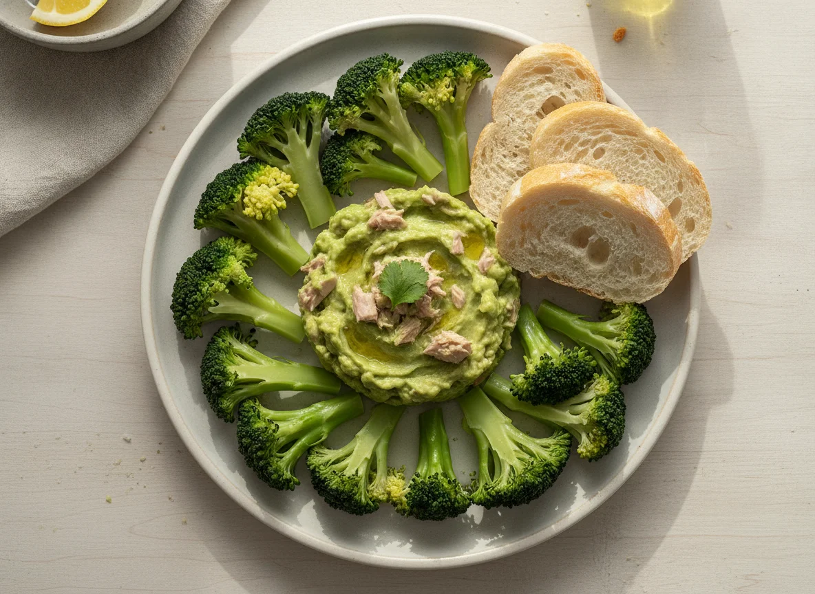 Brócoli con puré de aguacate y atún, y pan photo