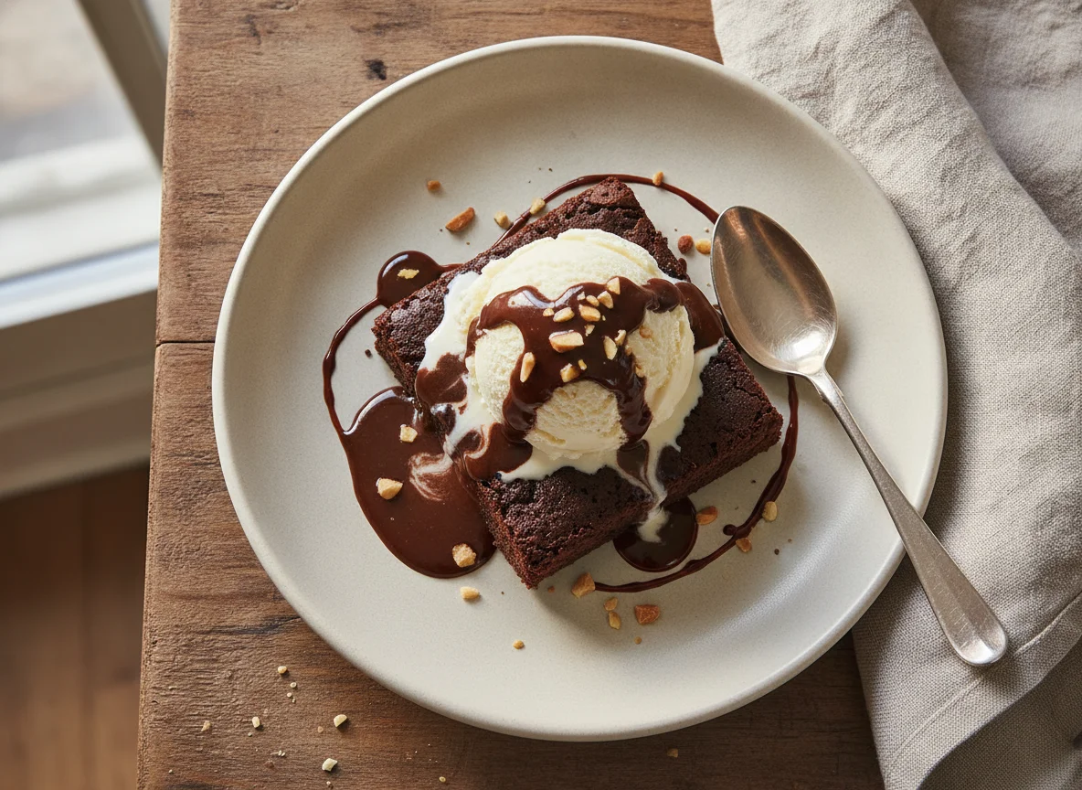 Brownie con helado de vainilla y salsa de chocolate photo