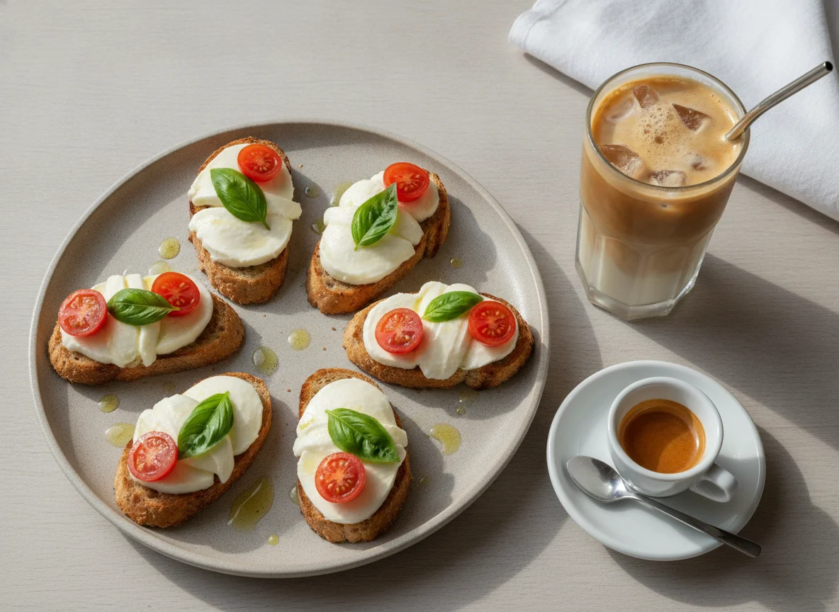 Bruschetta caprese y café con leche helado photo