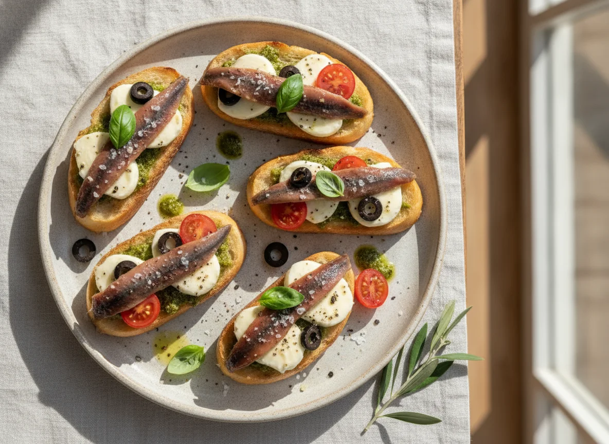 Bruschettas de anchoas y aceitunas photo