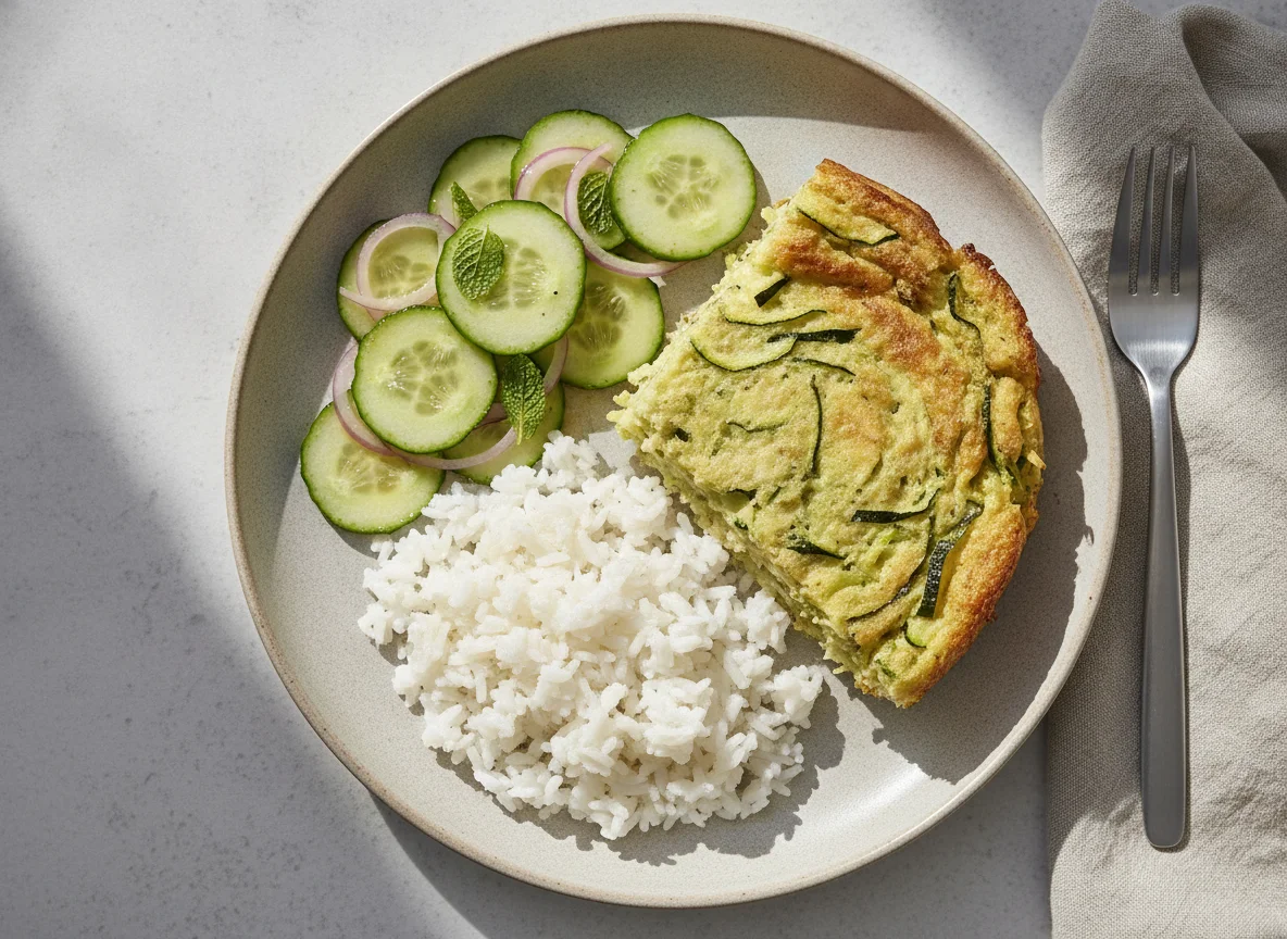Budín de zapallito italiano con arroz y ensalada de pepino photo