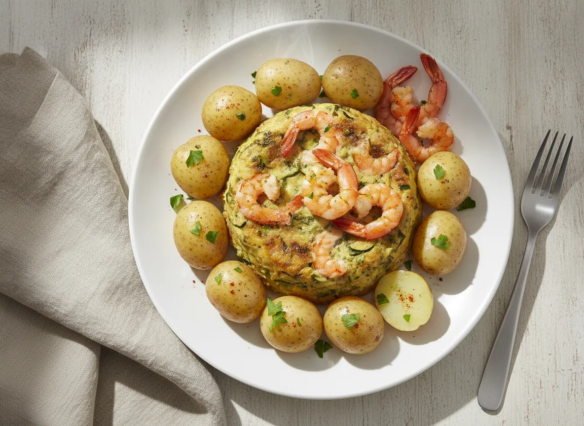 Budín de zapallo italiano con camarones y papas cocidas photo
