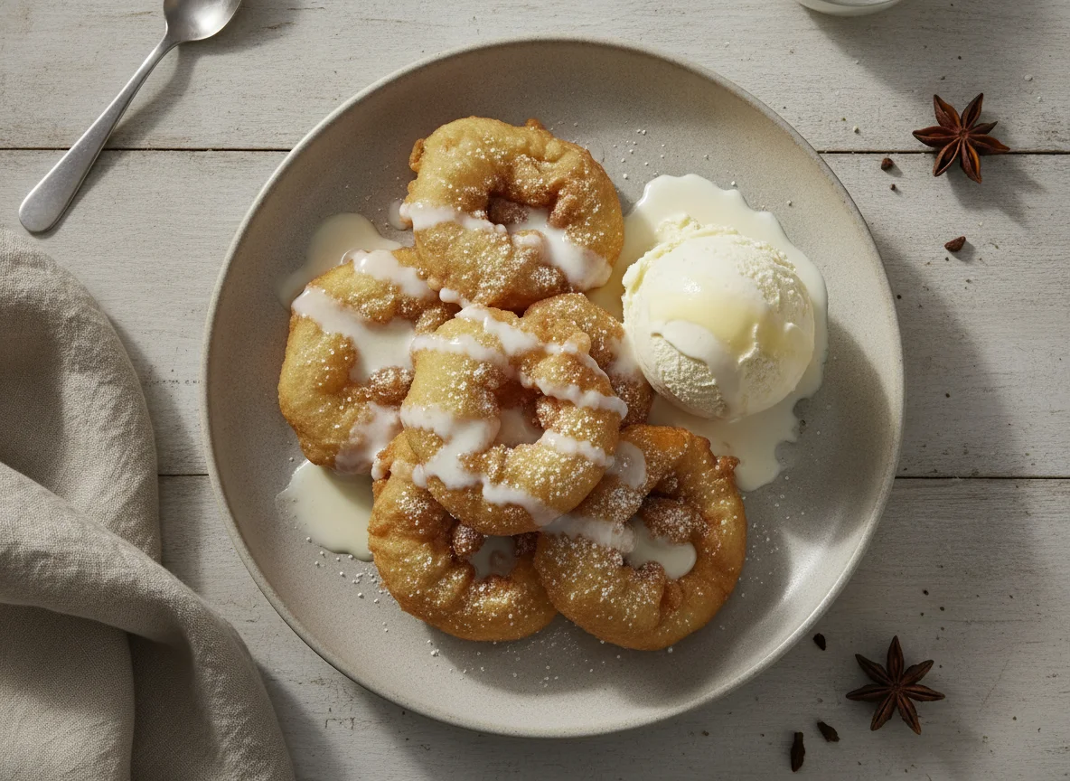 Buñuelos con helado y lechera photo