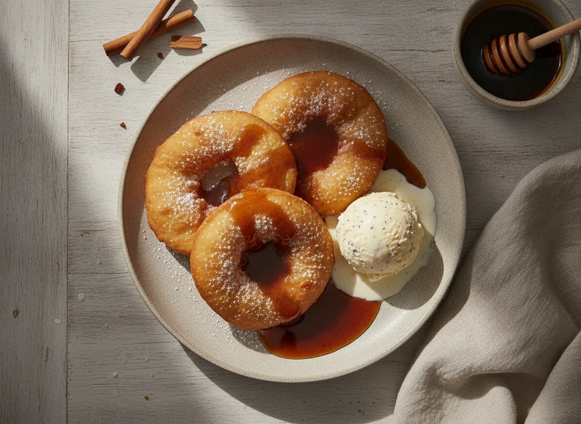 Buñuelos con miel y helado photo