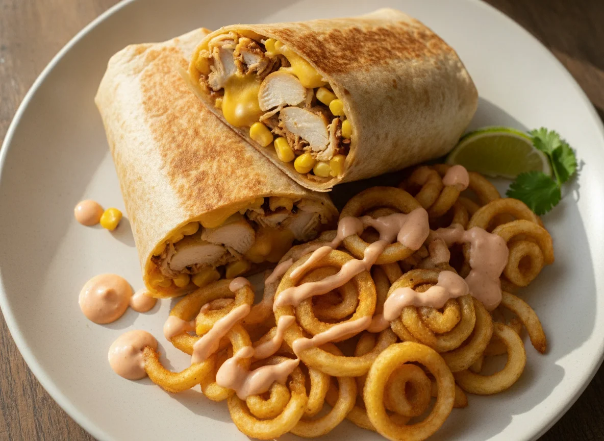 Burrito con papas espirales y salsa photo