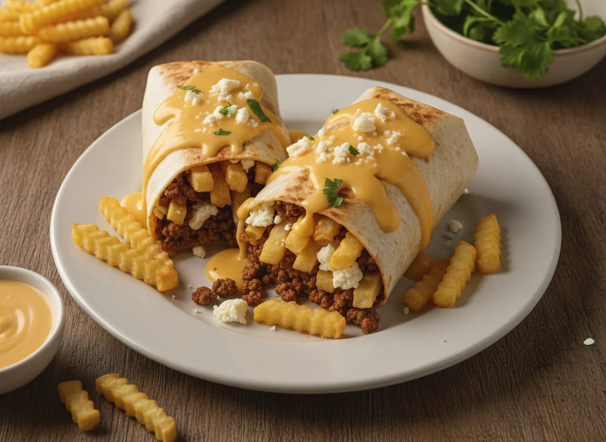 Burrito con papas fritas y salsa de queso photo