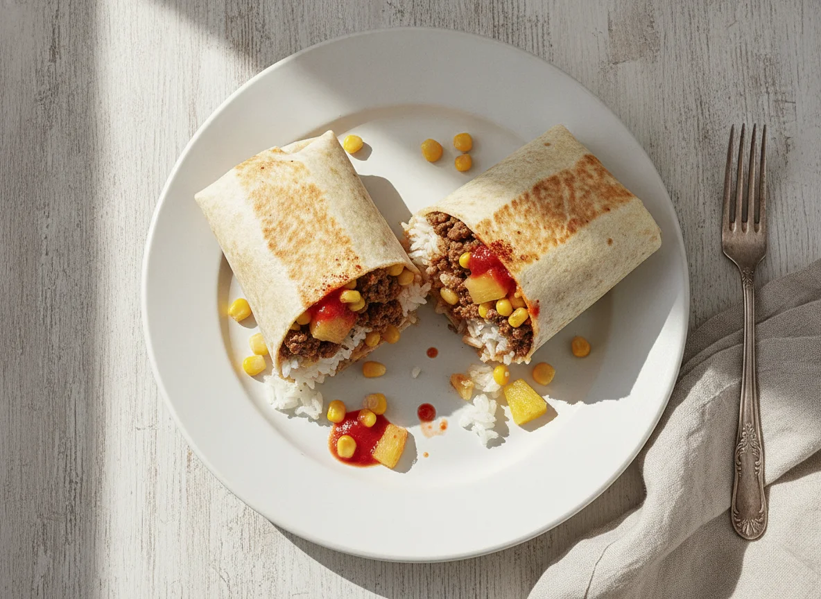 Burrito de arroz, carne picada, maíz y piña photo
