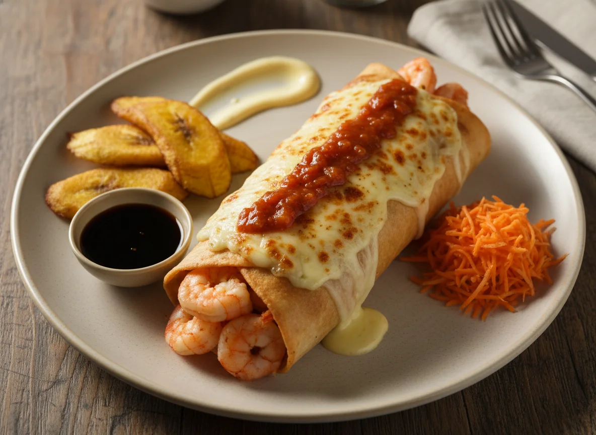 Burrito de camarones con queso y acompañamientos photo