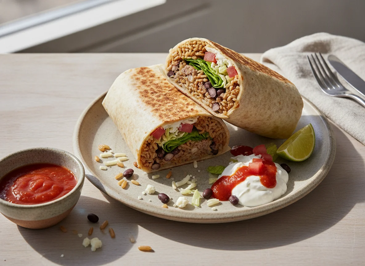 Burrito de carne con arroz, frijoles y salsa photo