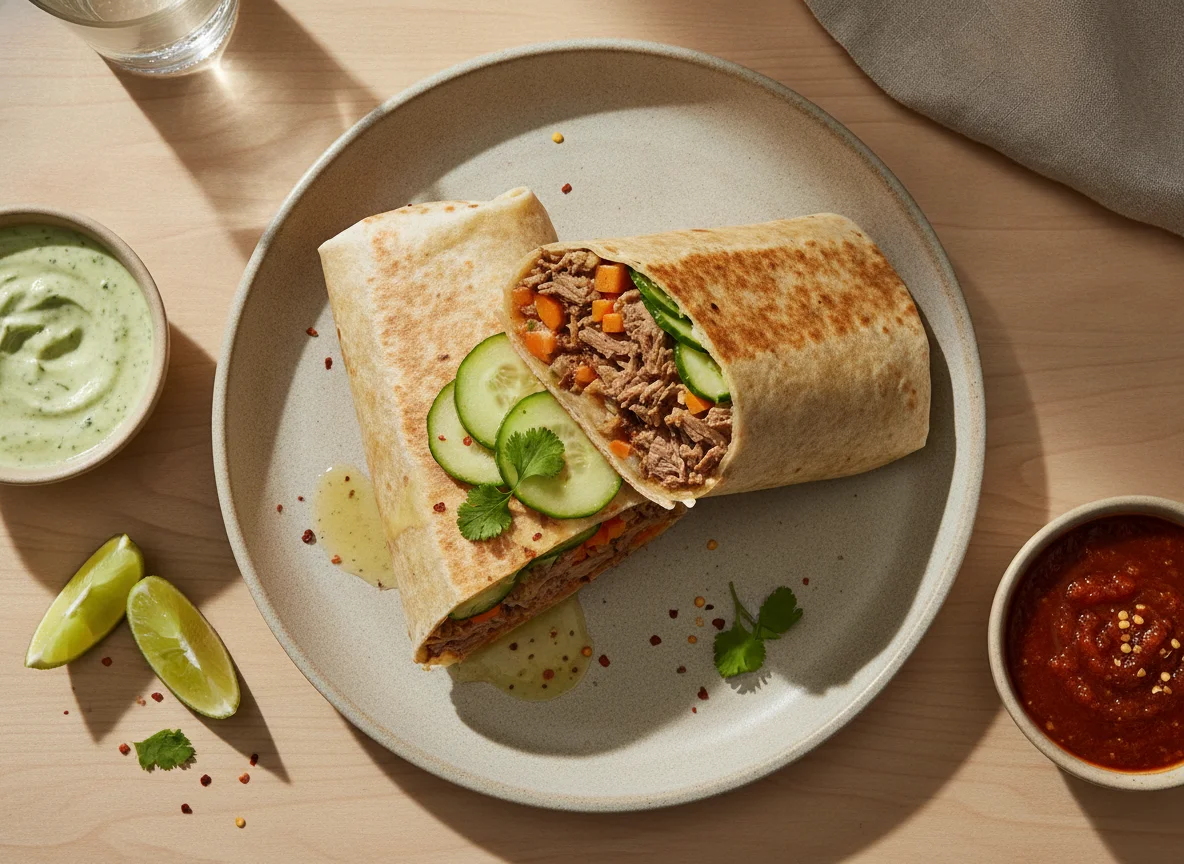 Burrito de carne con guarnición de verduras y salsas photo