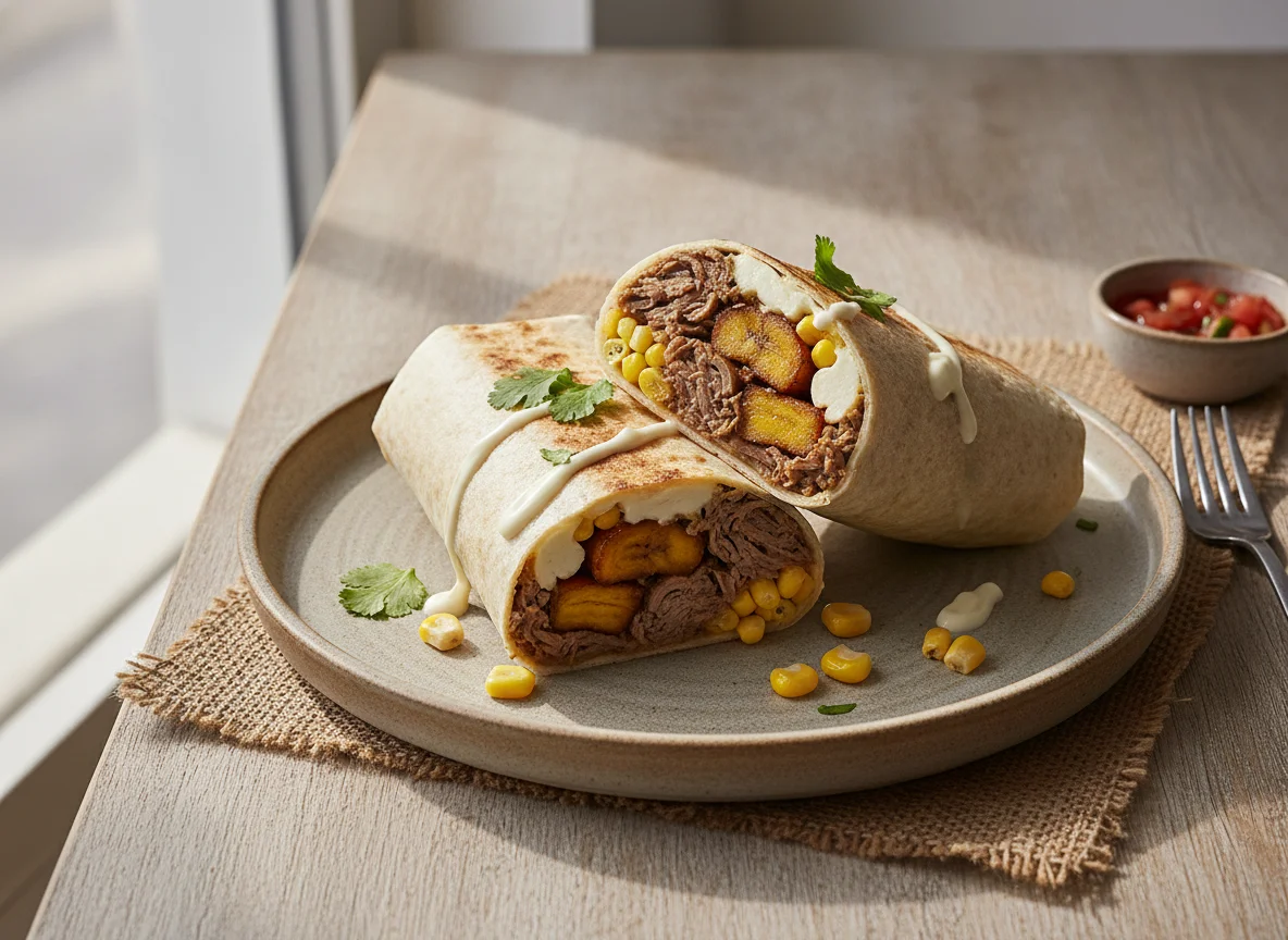 Burrito de carne con maíz y plátano photo