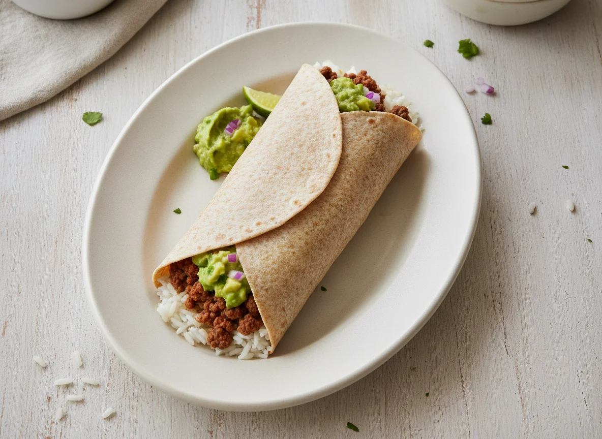 Burrito de carne picada, arroz y guacamole photo