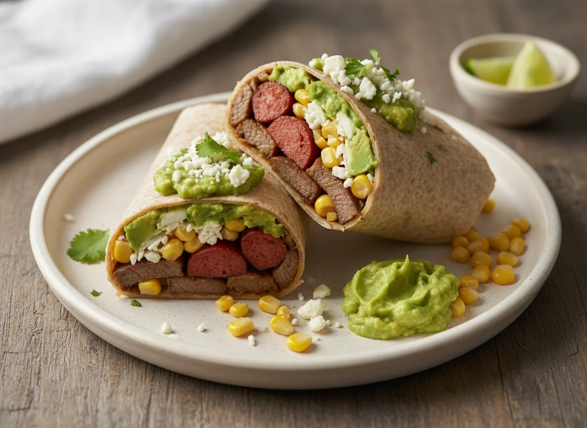 Burrito de carne y chorizo con guacamole y queso photo
