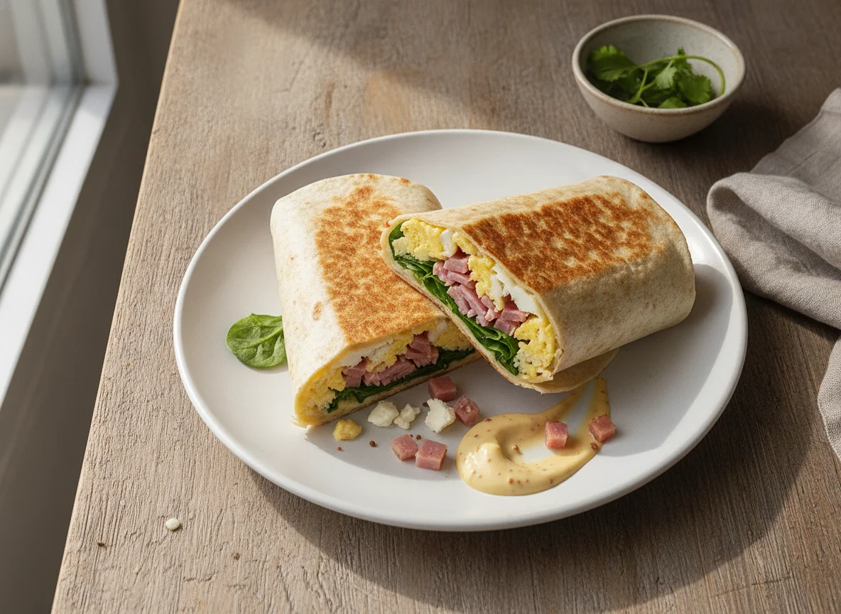 Burrito de desayuno con jamón y huevo photo