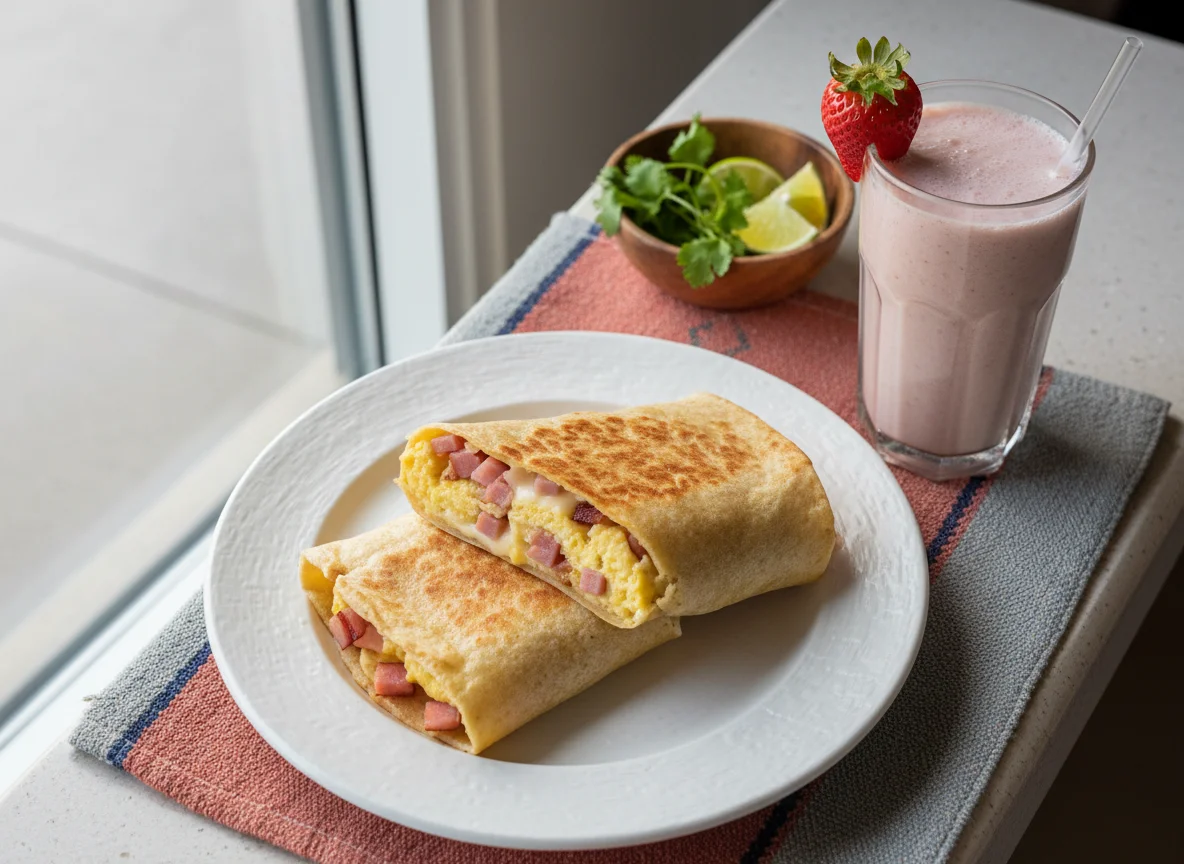 Burrito de huevo y jamón con bebida photo