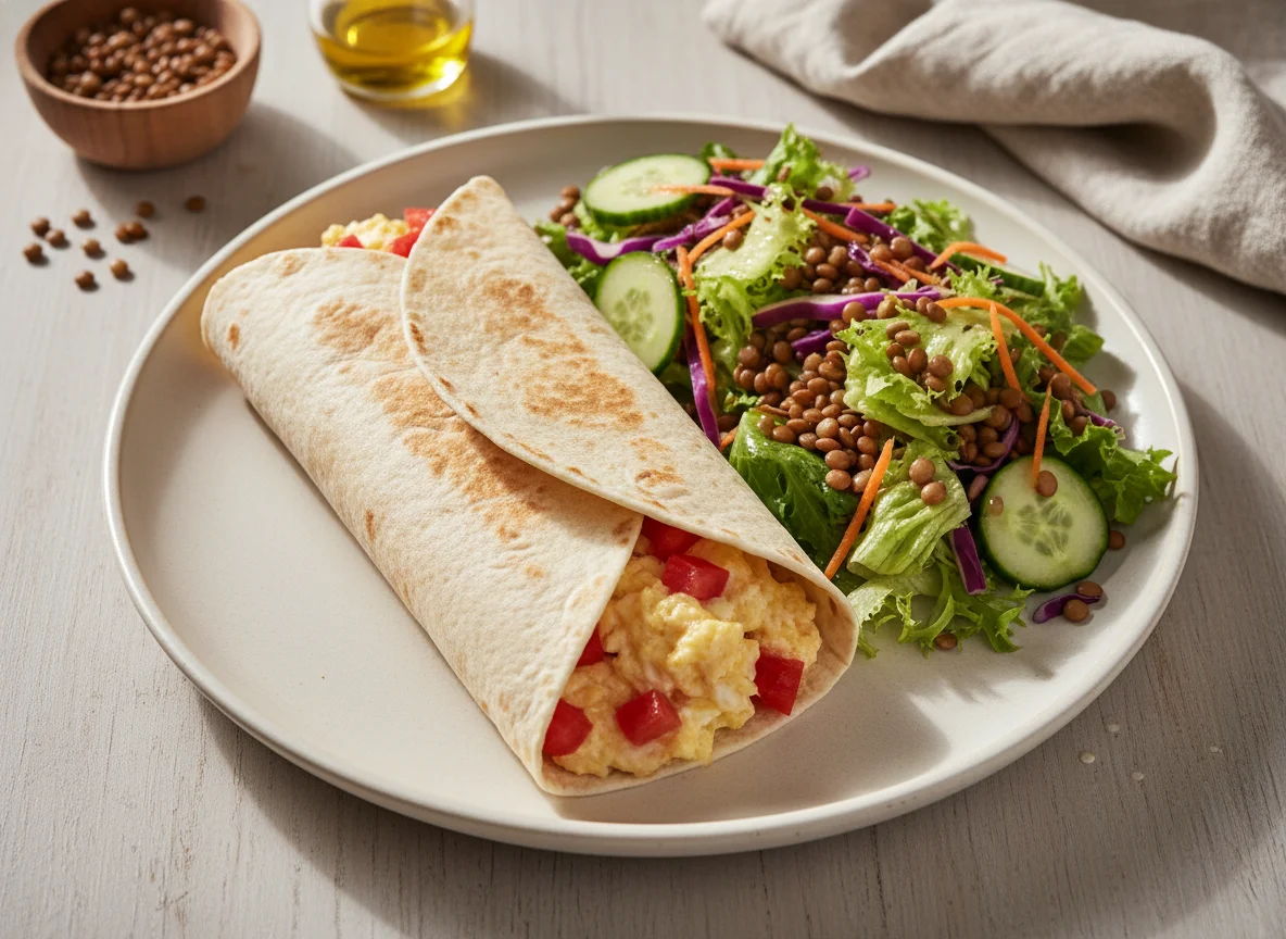 Burrito de huevo y tomate con ensalada de lentejas photo
