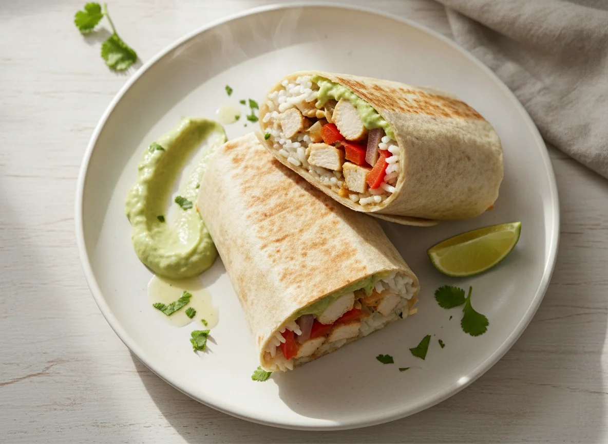 Burrito de pollo con arroz y crema de aguacate photo