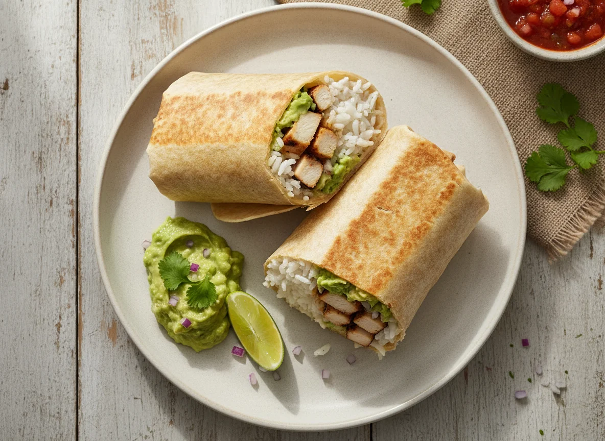 Burrito de pollo con arroz y guacamole photo