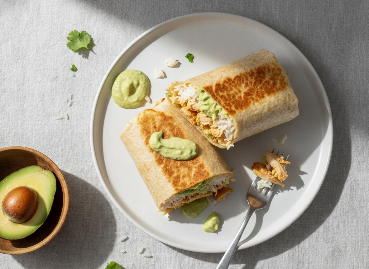Burrito de pollo con arroz y salsa de aguacate photo