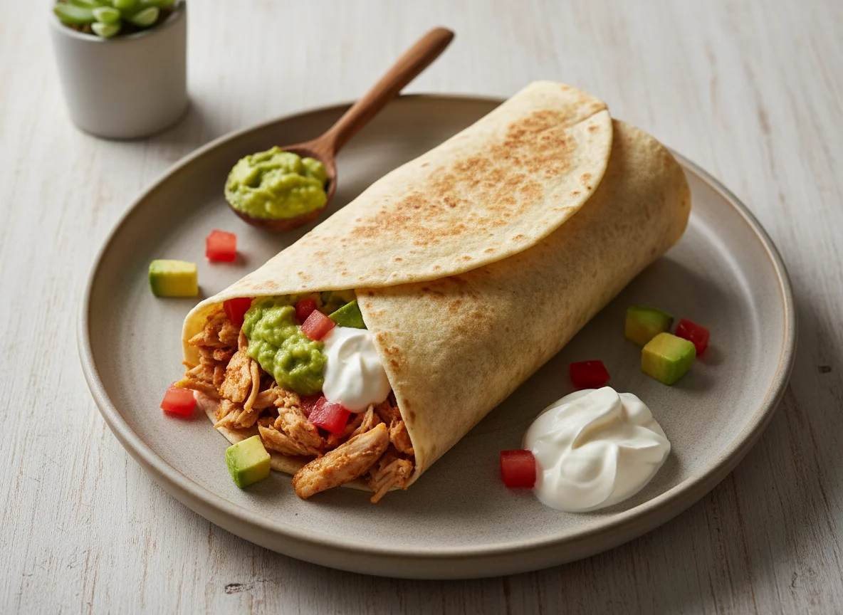 Burrito de pollo con guacamole y tomate photo