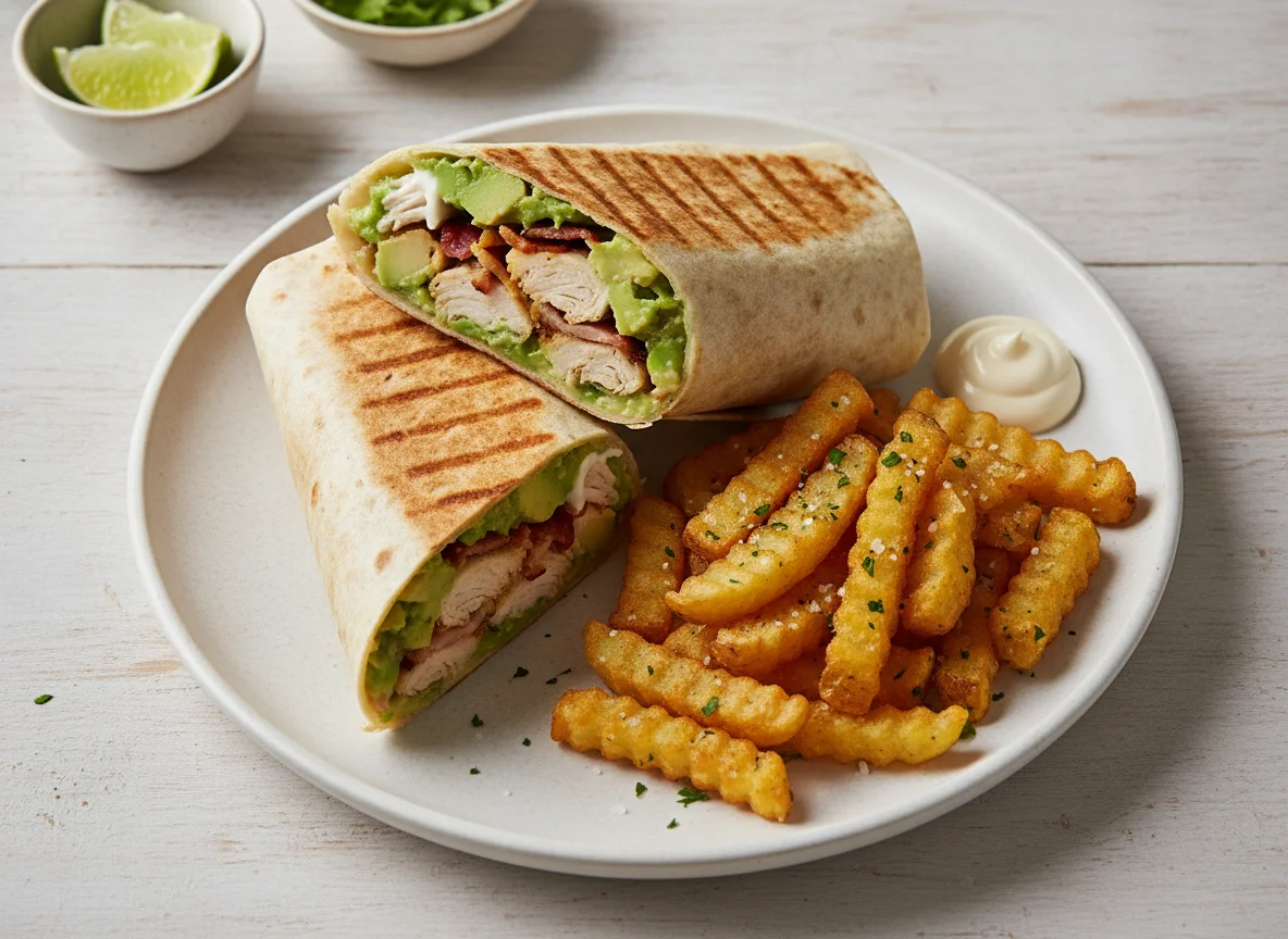 Burrito de pollo con papas rústicas photo