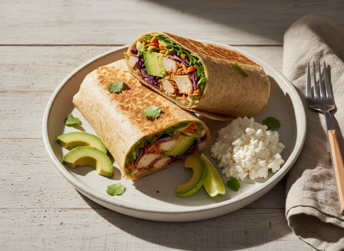 Burrito de pollo y verduras con queso cottage photo