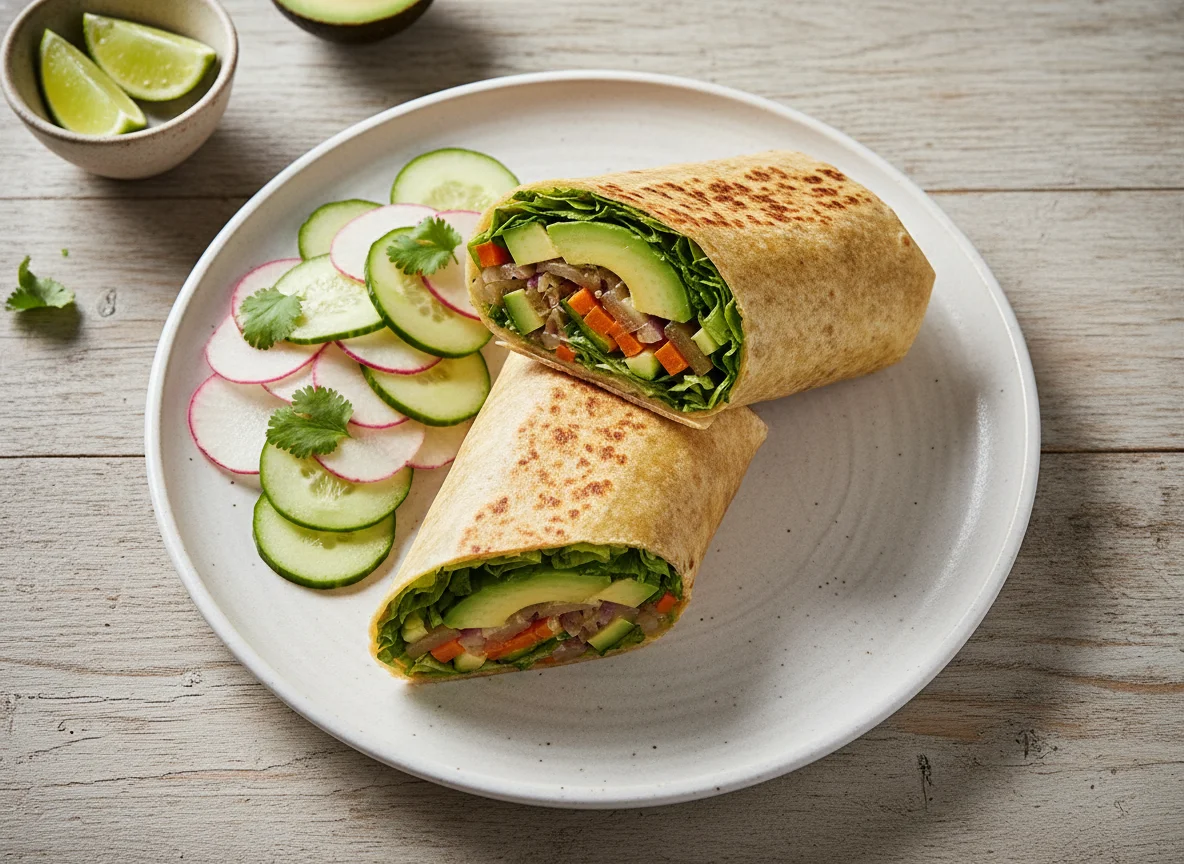 Burrito de vegetales con ensalada de jícama y pepino photo