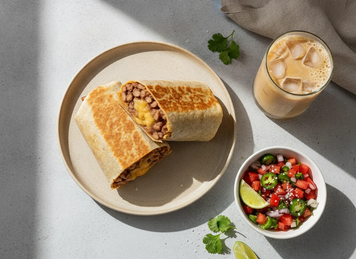 Burritos con pico de gallo y bebidas frías photo