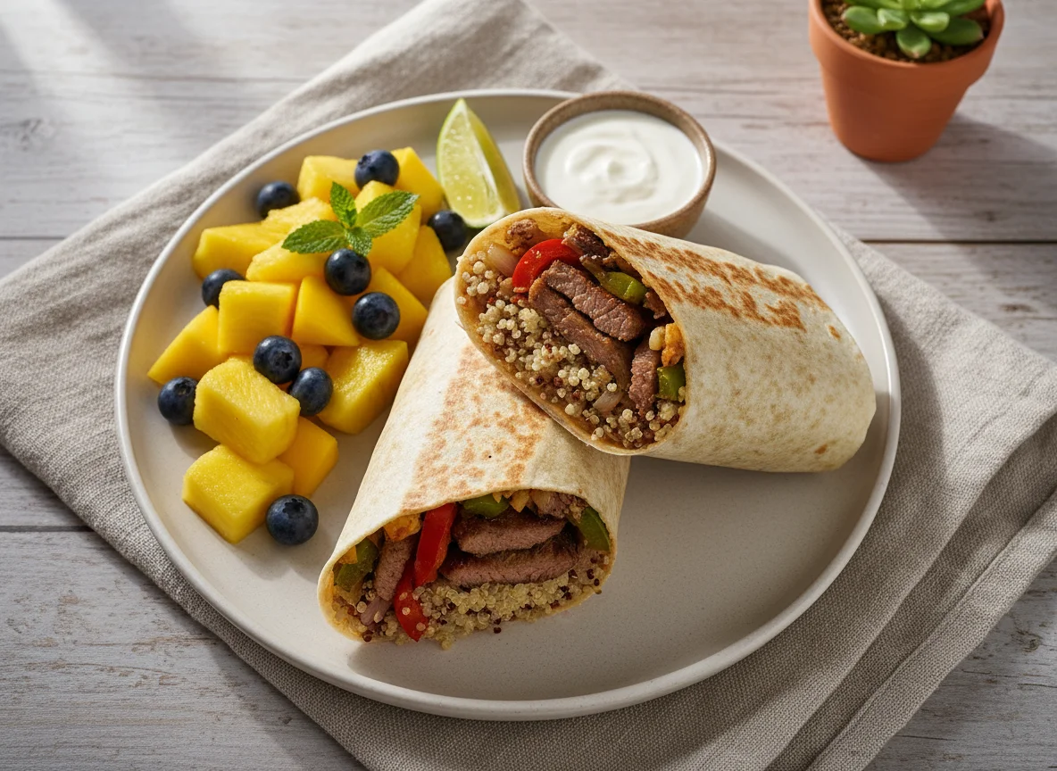 Burritos con quinoa y ensalada de frutas photo