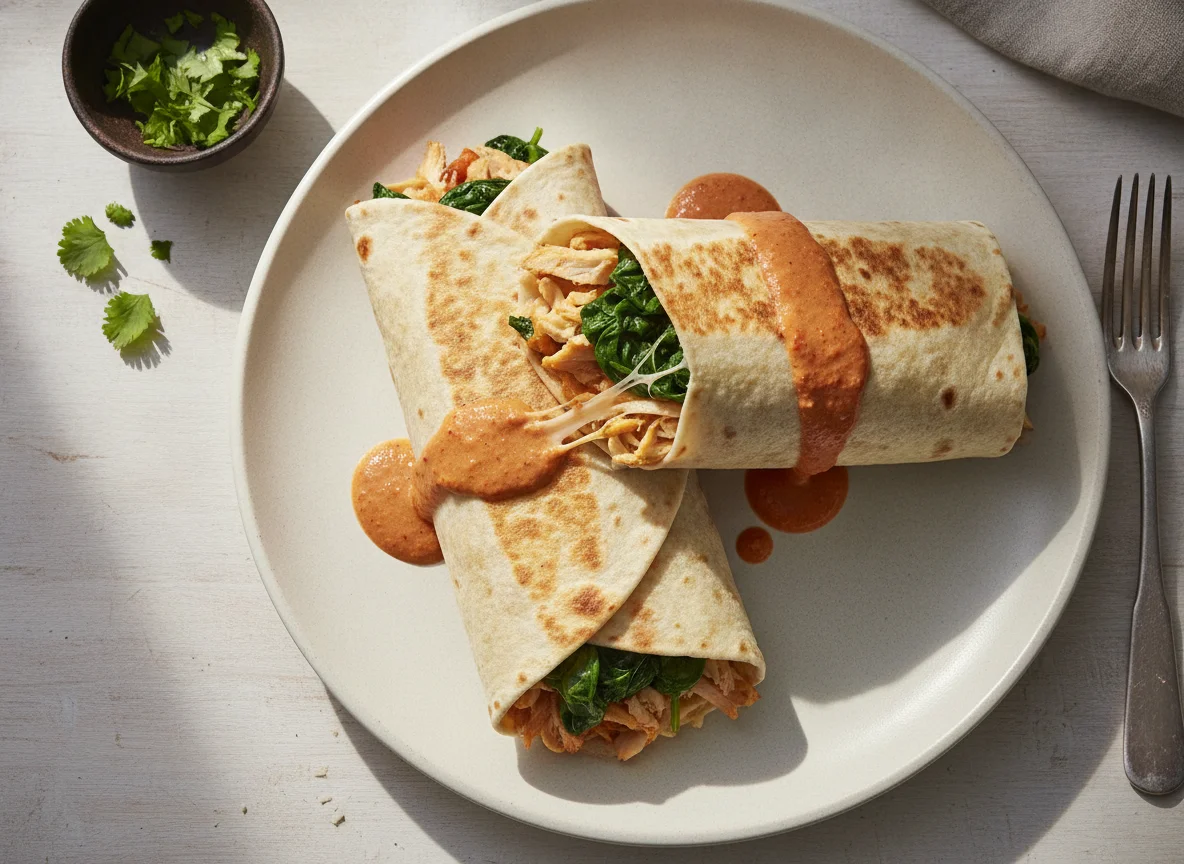 Burritos de pollo con queso y espinacas photo