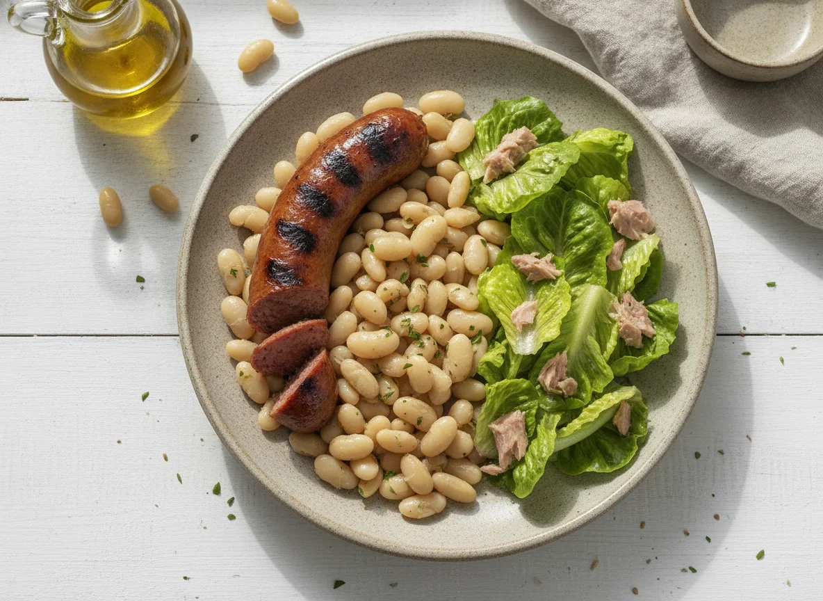 Butifarra con judías blancas y ensalada photo