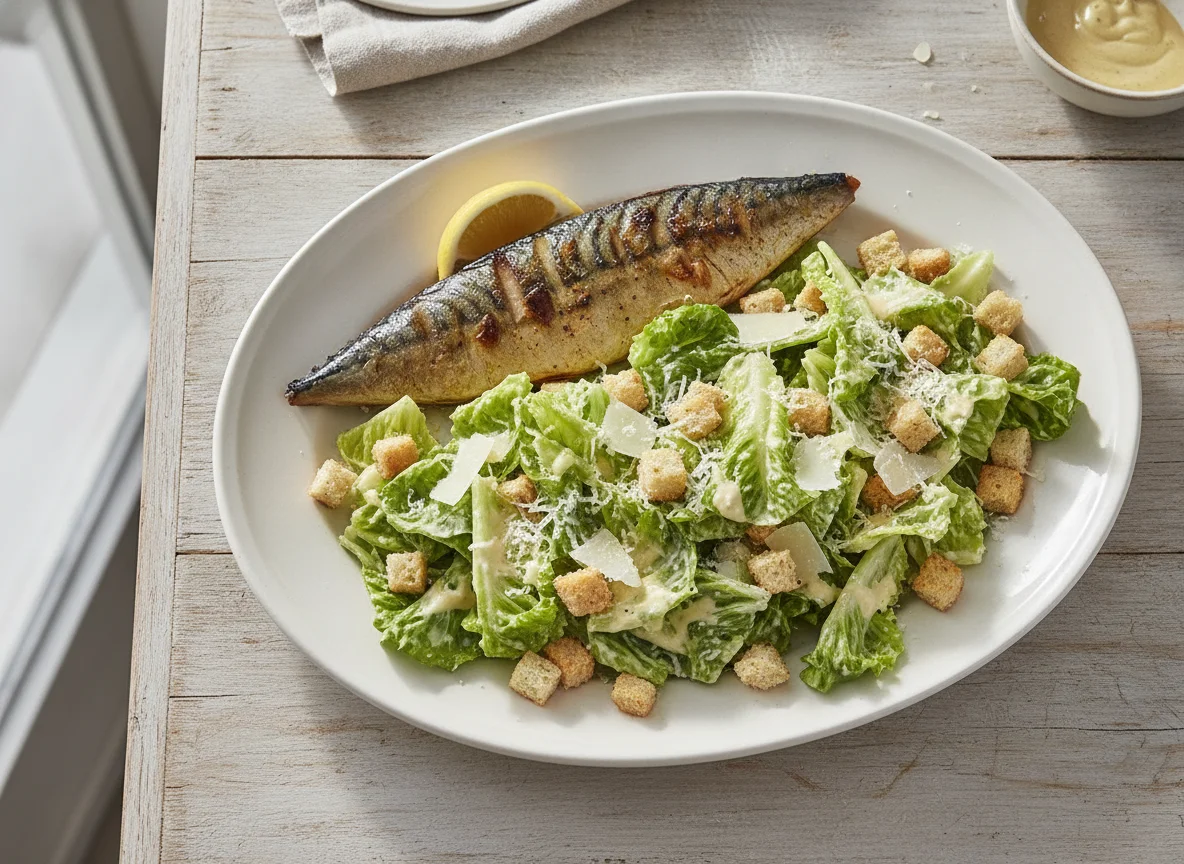 Caballa a la plancha con ensalada César photo