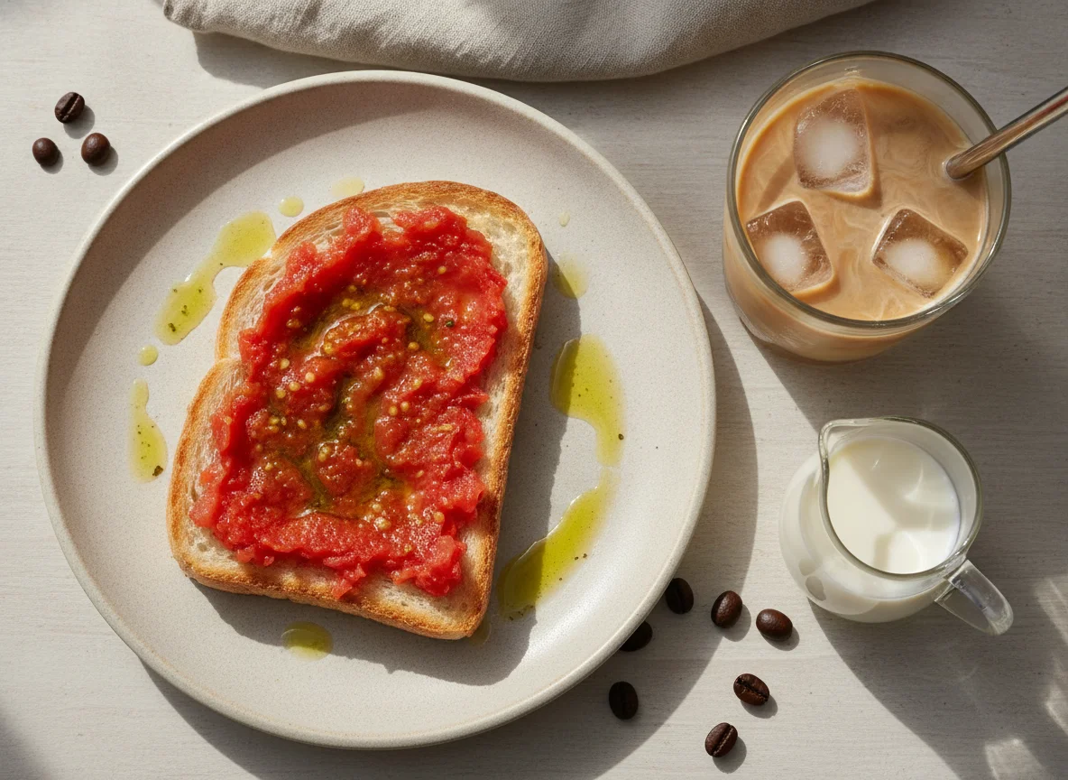 Café con leche con hielo y tostada con tomate photo