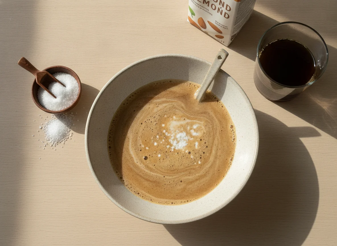 Café con leche de almendra, azúcar y proteína photo