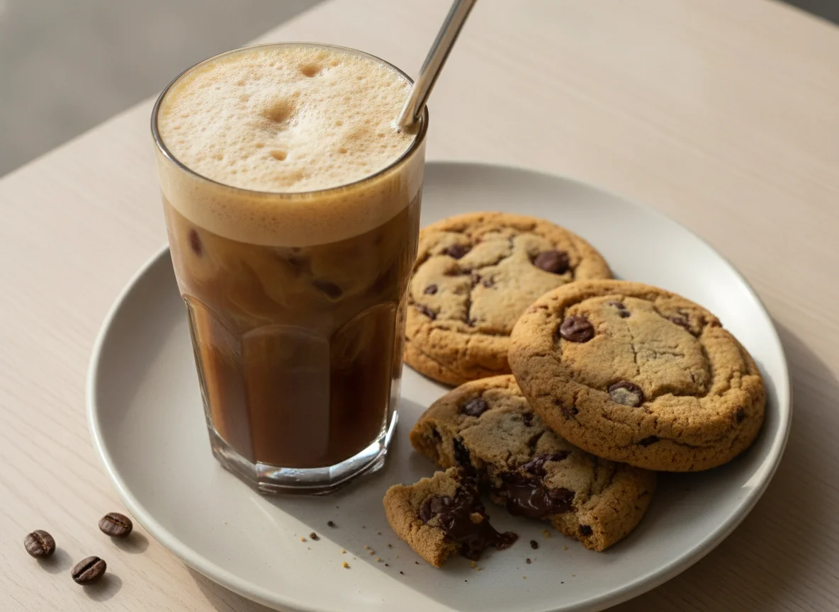 Café helado y galletas con chispas de chocolate photo