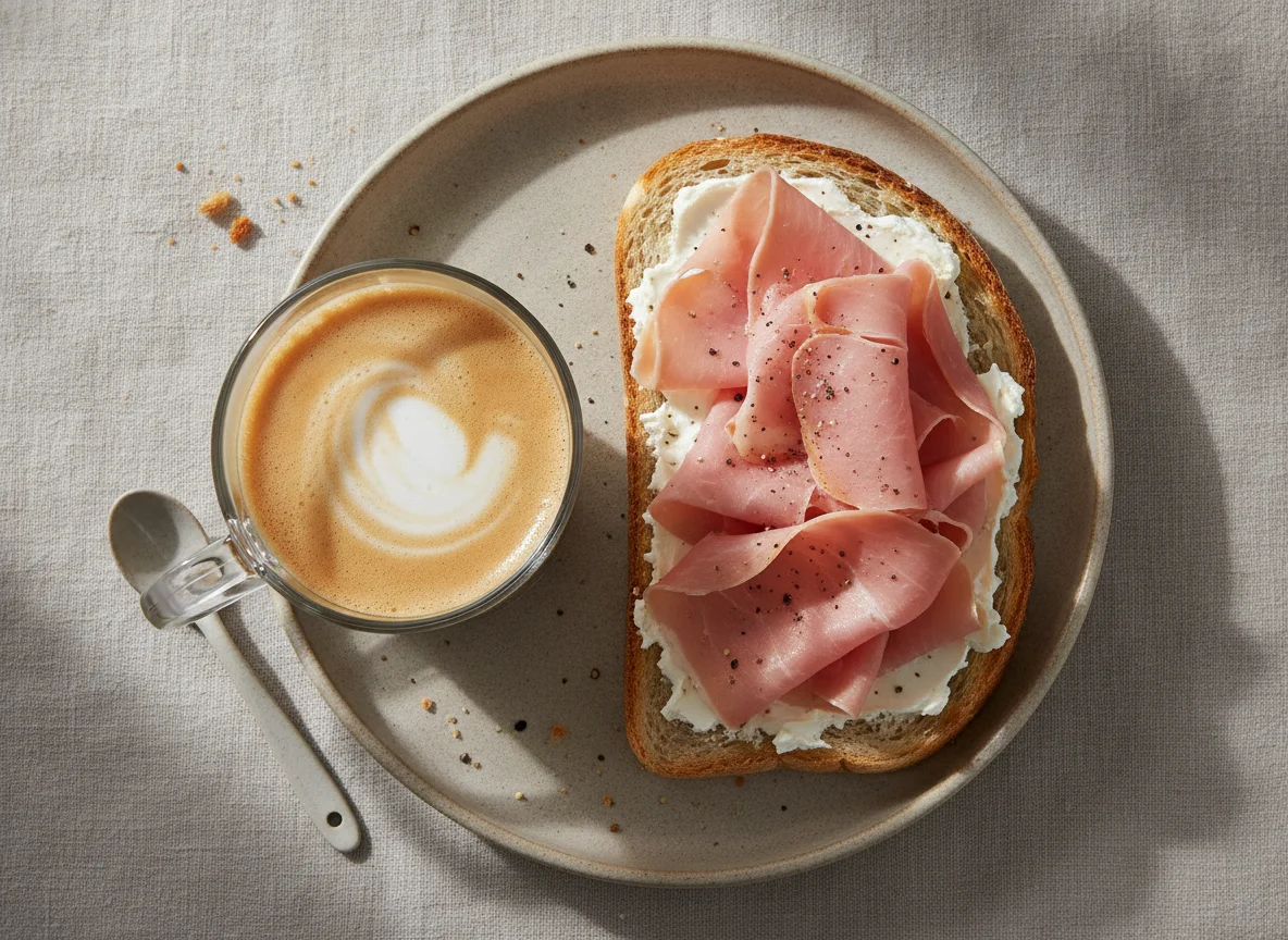 Café manchado sin lactosa y tostada de jamón cocido con queso crema photo