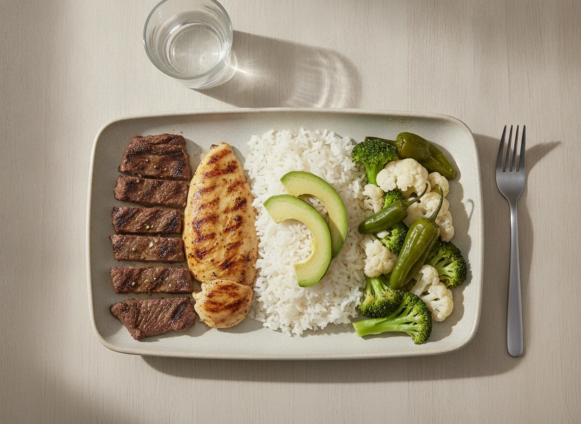 Caja de almuerzo con carne, pollo, arroz y aguacate photo